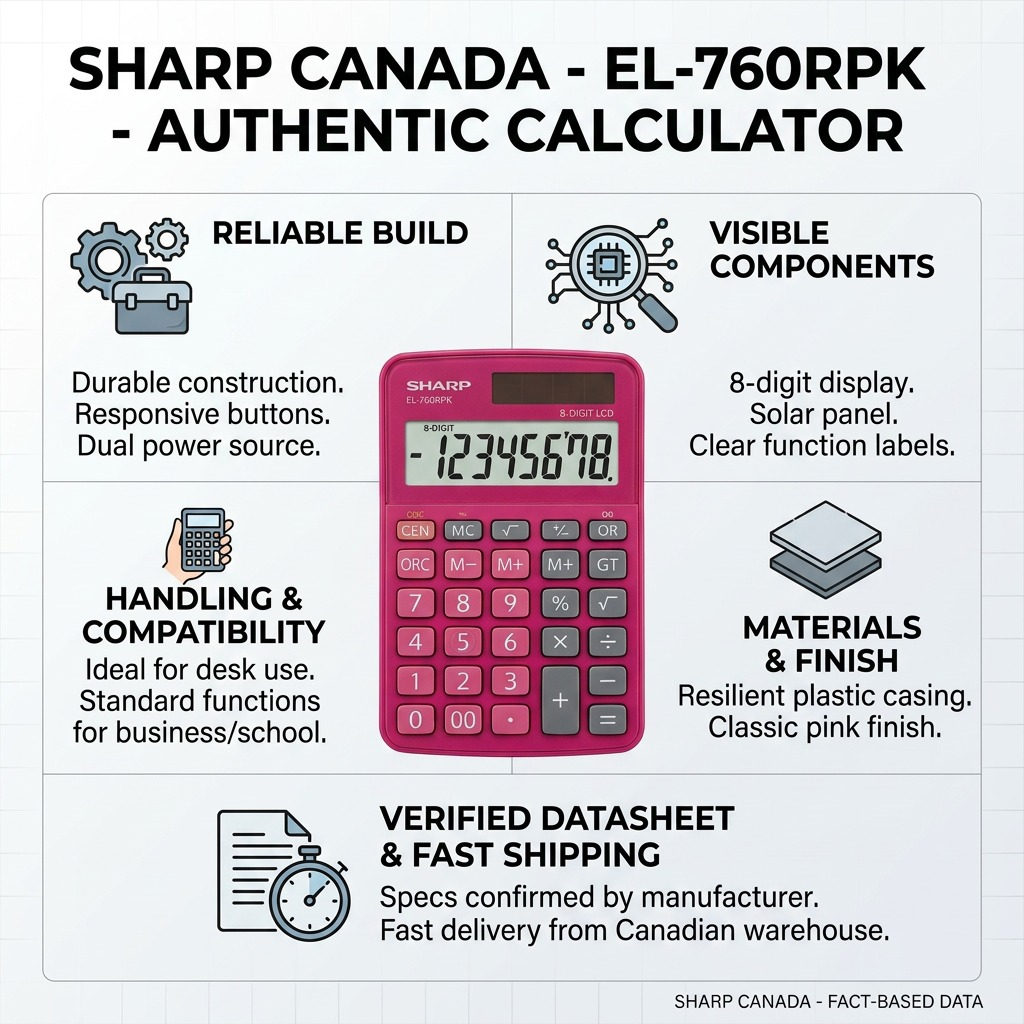 Trust and authority infographic showing sharp Canada EL-760RPK calculator with factual feature cues and fast shipping.
