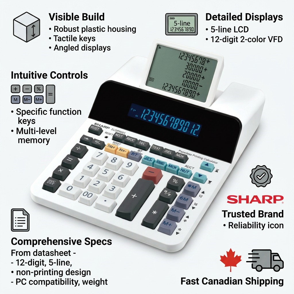 An infographic showing the SHARP ELDP9001 calculator with features and Canadian shipping icons.