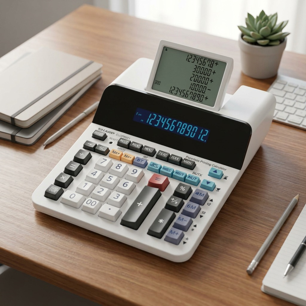 lifestyle photo context: SHARP ELDP9001 12 Digit Paperless Printing Calculator on a clean, modern desk in a home or commercial office environment with soft natural light, surrounded by a few notebooks, pens, and a laptop.