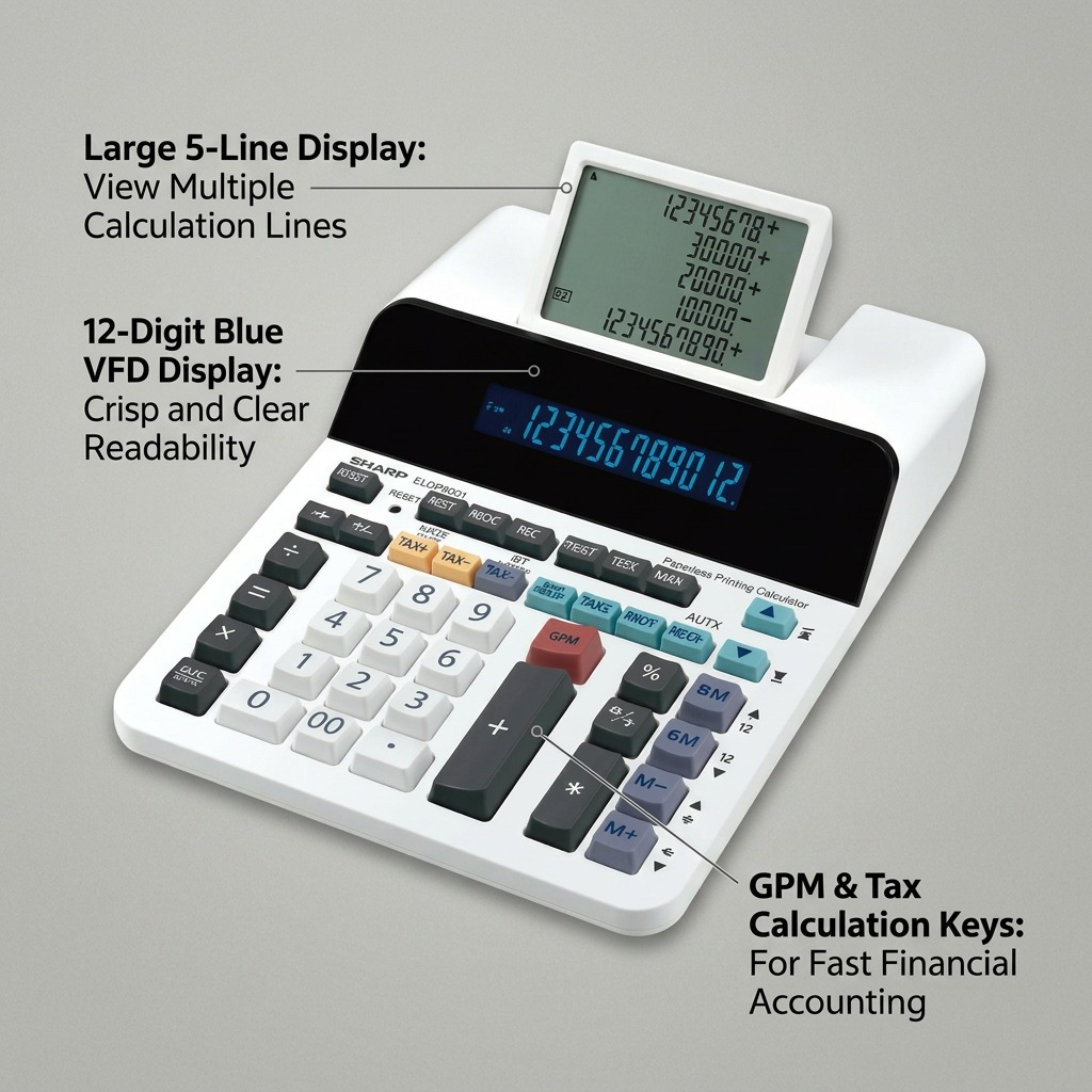 A product infographic showcasing the calculator with feature callouts for its display and keyboard.