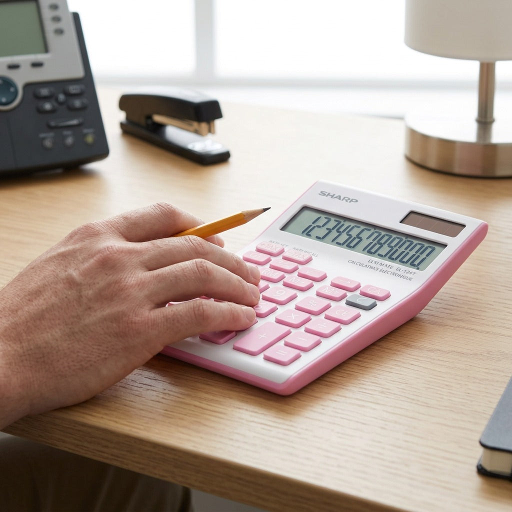 A man's hand with a yellow pencil rests on the keyboard of a pink and white 12-digit calculator on a wooden desk with a stapler present.