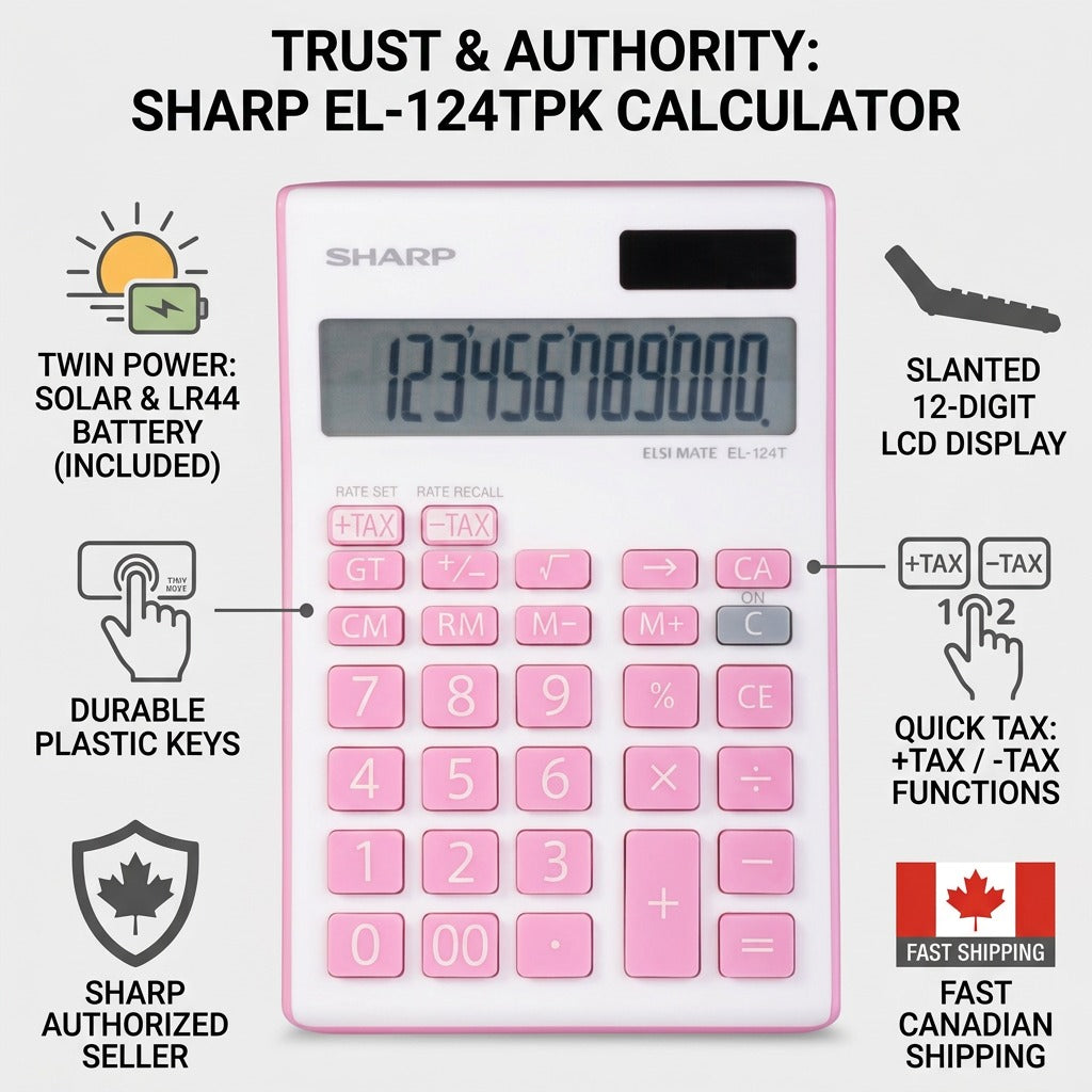 Trust and authority infographic for Sharp EL124TPK calculator with fact-based icons on standard specifications and fast Canadian shipping.