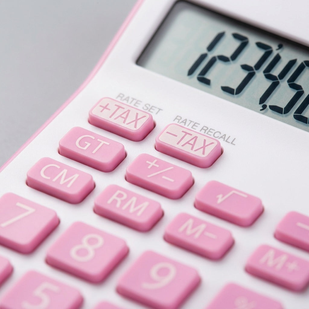 A detailed macro photograph focusing on the pink keys and screen of the Sharp EL124TPK calculator.