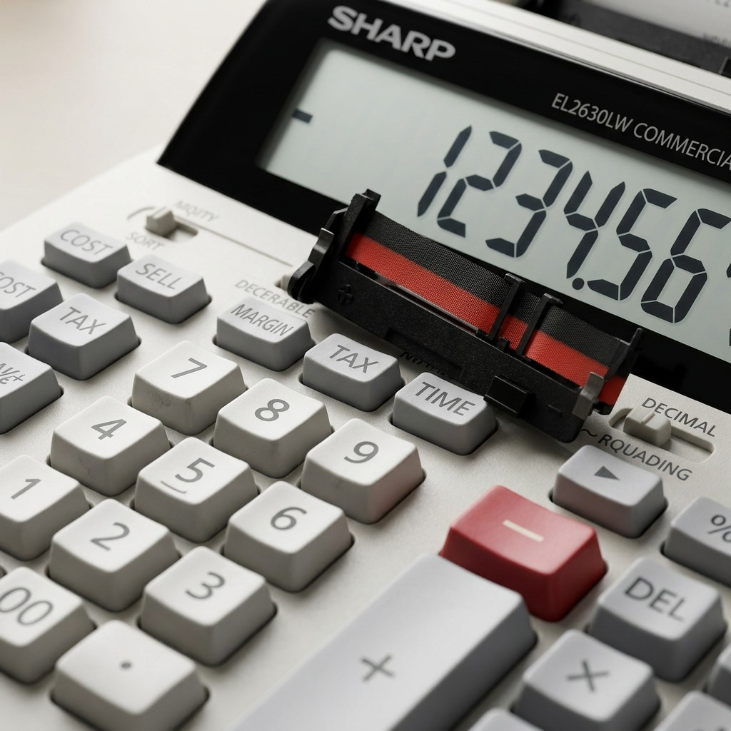 Extreme close-up of the SHARP EL2630LW calculator keys, display, and red ink ribbon mechanism.