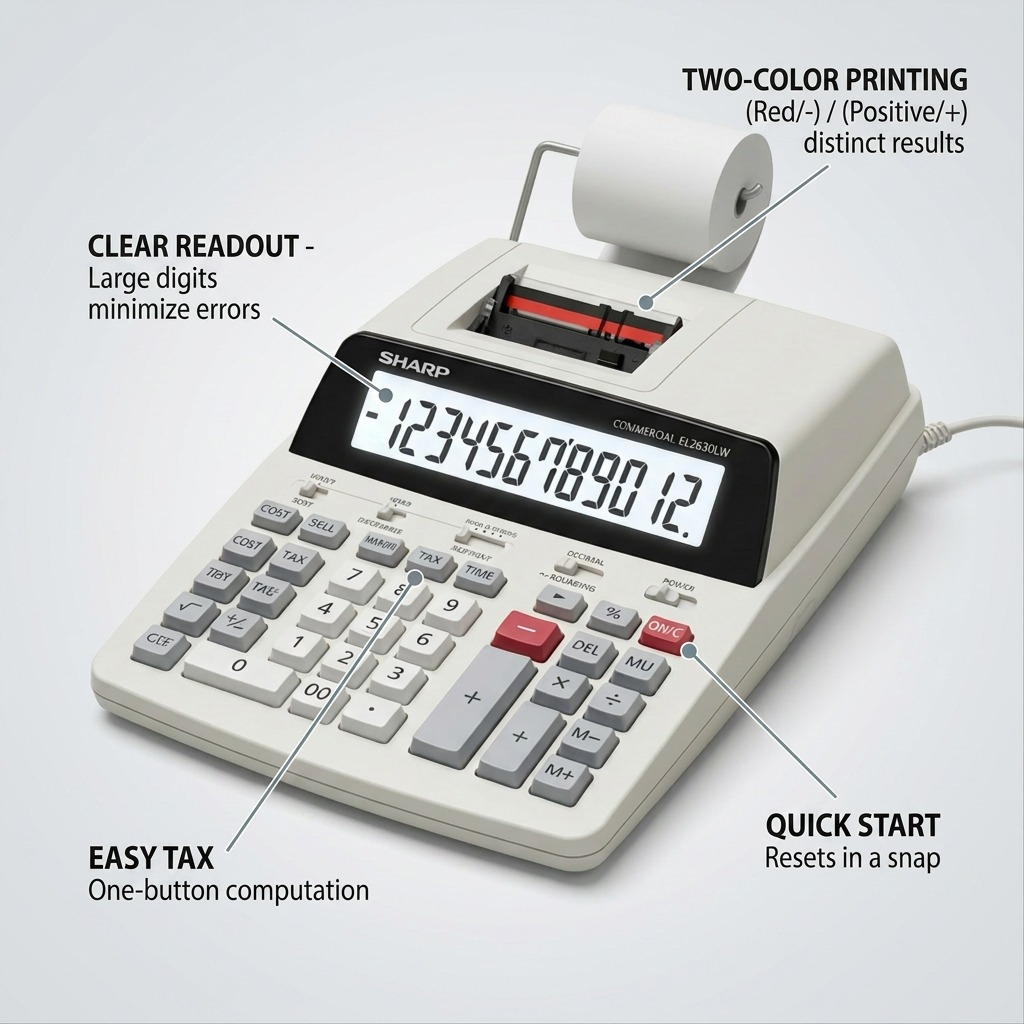 Operational feature graphic of SHARP EL2630LW, callouting key buttons like TAX and printers.