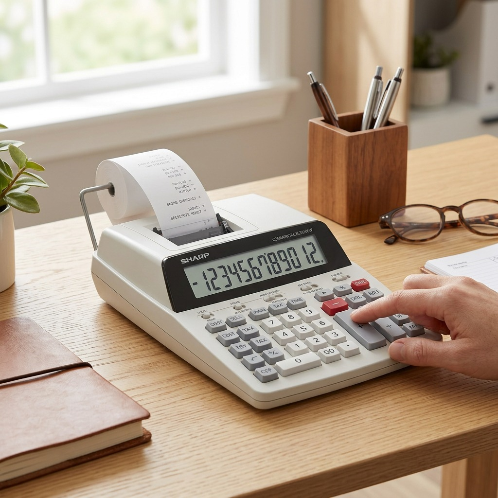 Lifestyle photo of the SHARP EL2630LW 12-digit commercial printing calculator on an office desk.