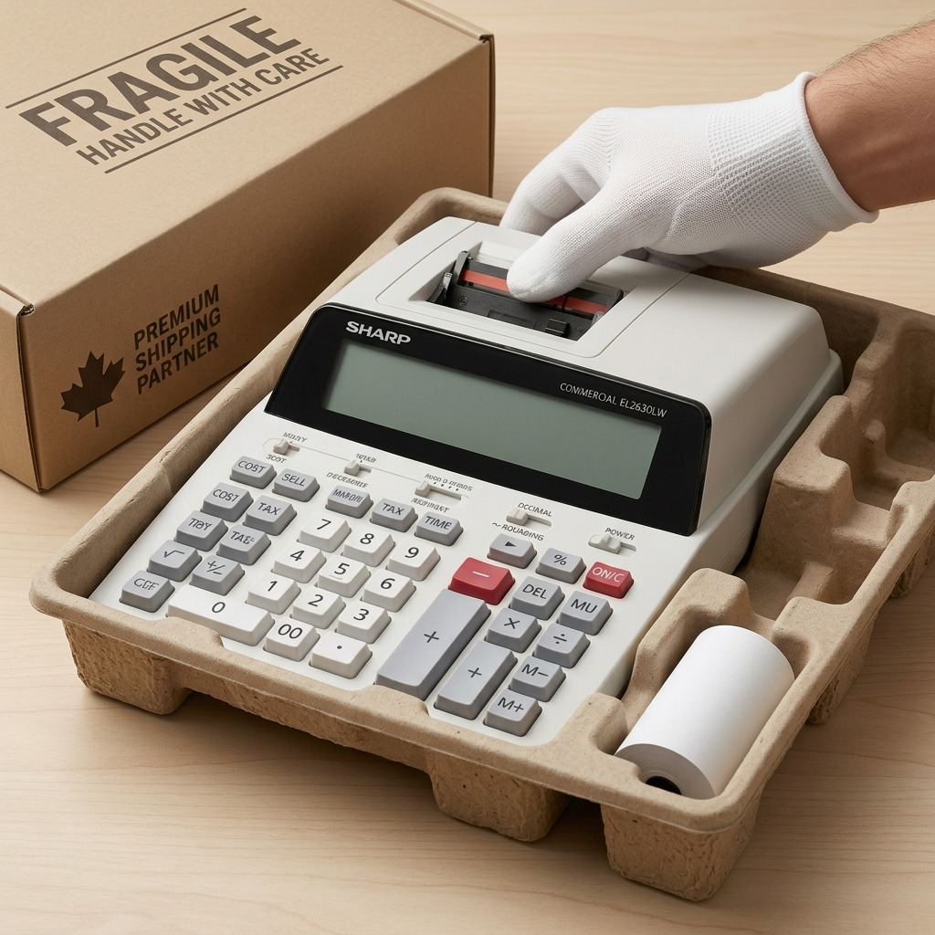 A realistic, premium e-commerce photo of a new SHARP EL2630LW 12-digit commercial printing calculator nestled in neutral, form-fitting recycled cardboard protective inserts within a larger shipping box, with a roll of printer paper partially revealed, demonstrating secure packaging for fast Canadian delivery, on a clean studio background.