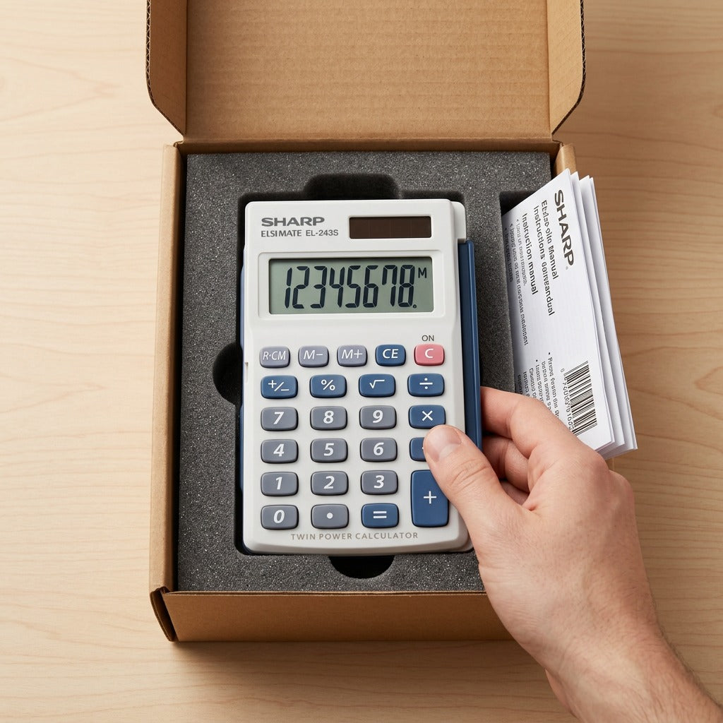 A SHARP EL243S calculator (image_0.png) is shown snugly unboxed, nestled in custom protective foam.