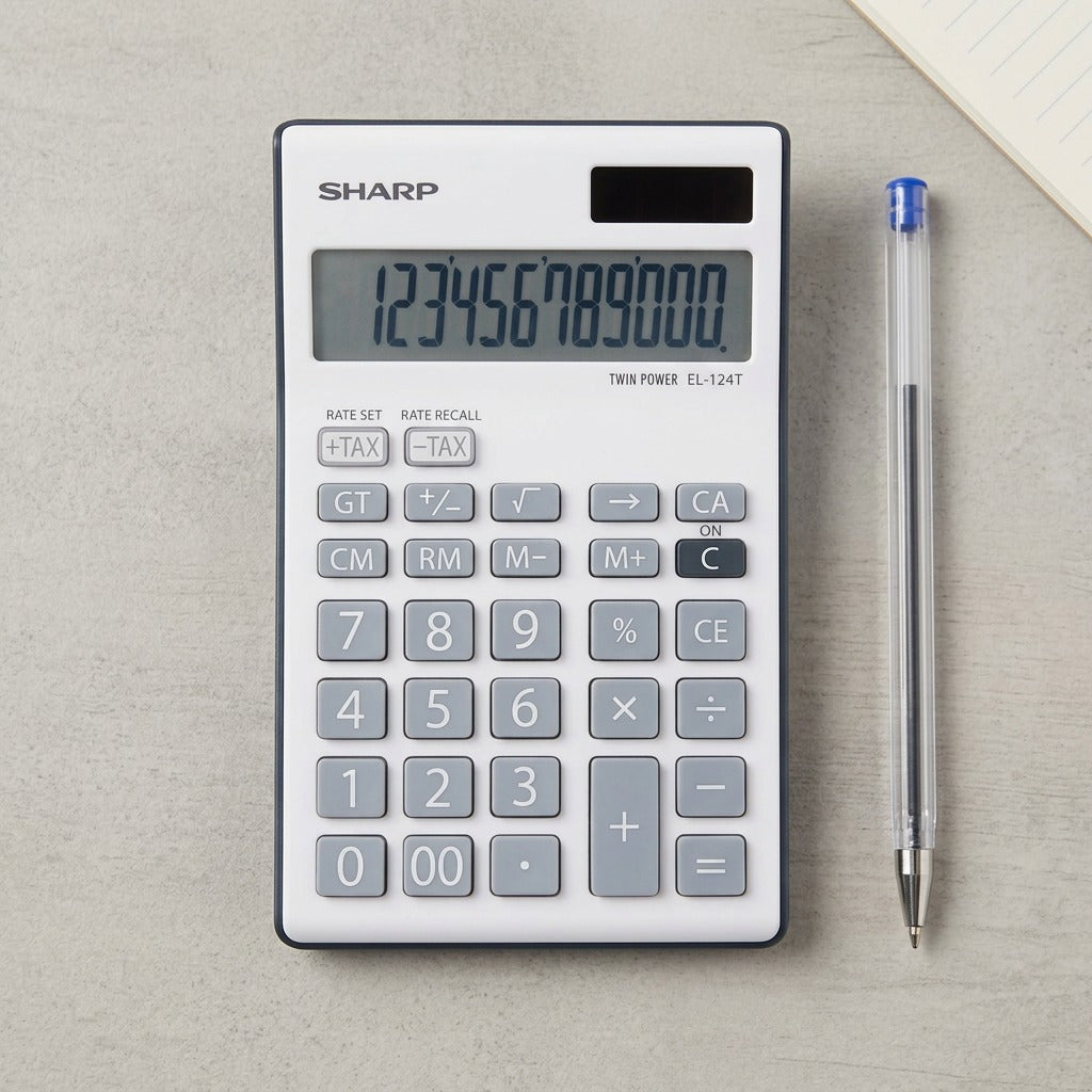 A scale reference image showing the Sharp EL124TGY calculator beside a standard-sized ballpoint pen.