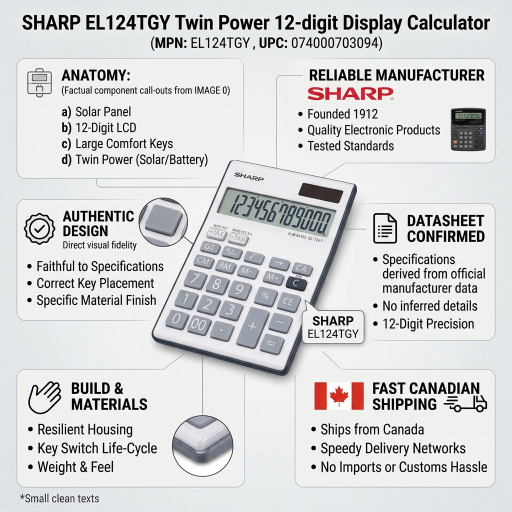 A business trust infographic for the SHARP EL124TGY, emphasizing quality and Canadian shipping.