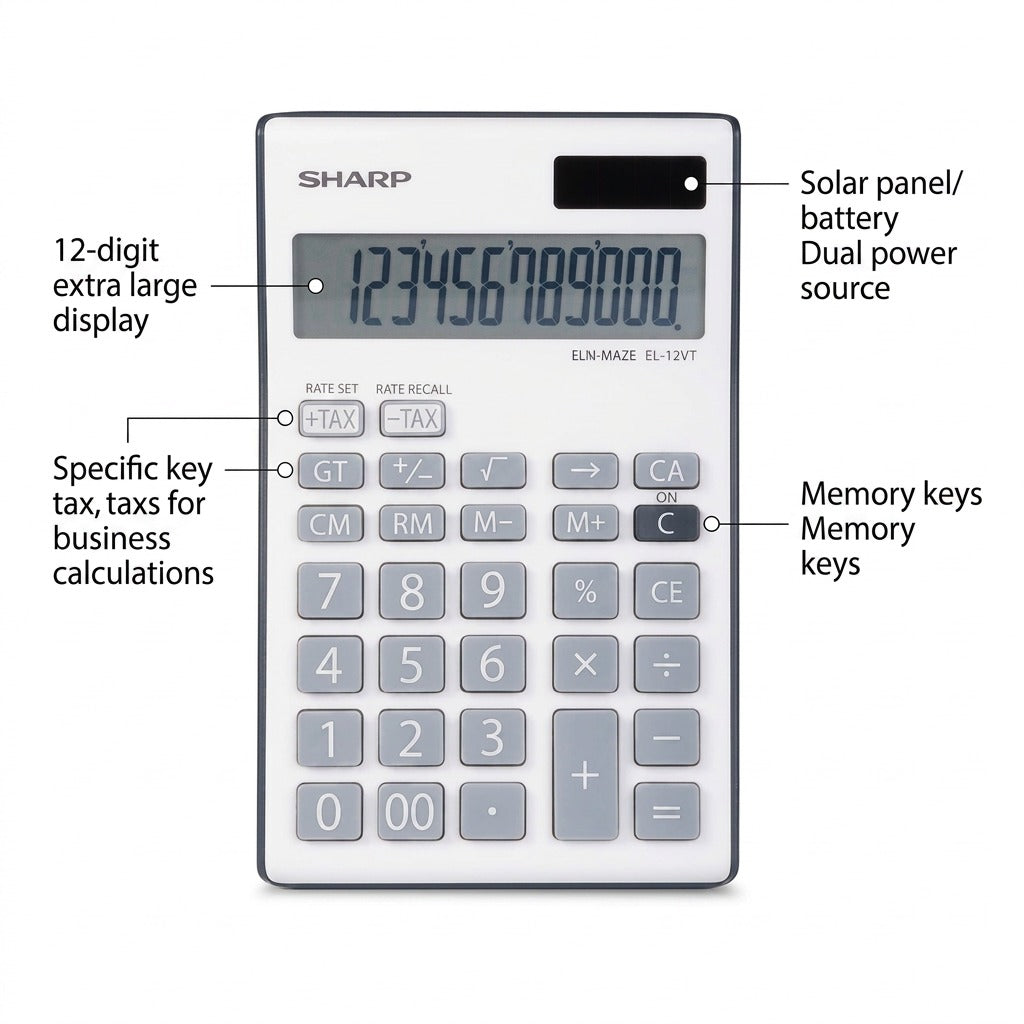 Sharp calculator with technical feature callouts highlighting specific functions and benefits.
