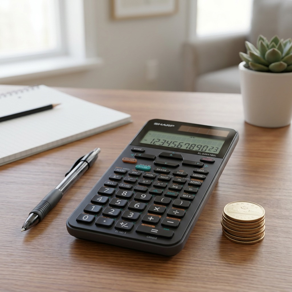 A Sharp EL-546XTBSL calculator positioned on a desk next to a standard AA battery and a pen.