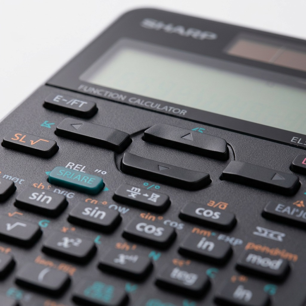 Extreme macro photo of a Sharp EL546XTBSL calculator's complex keypad, highlighting textured buttons and crisp, multicolored legends.