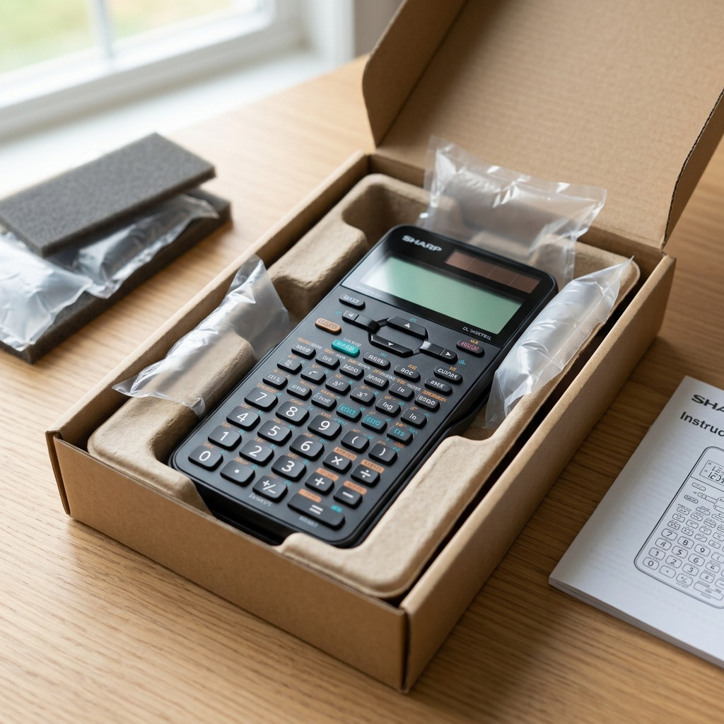 SHARP scientific calculator protected in shipping box with foam and cushions, ready for unboxing.