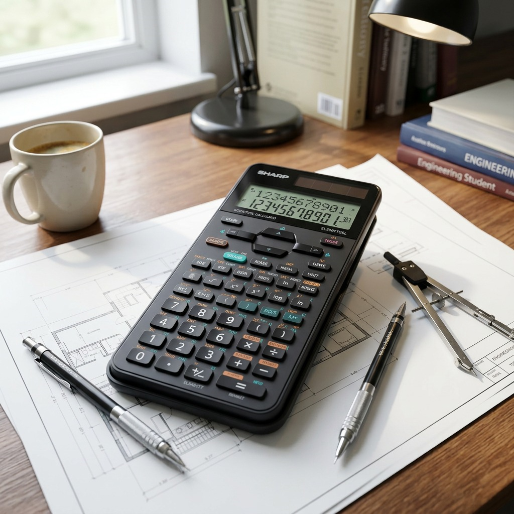 SHARP EL546XTBSL calculator in use on a wooden engineering student desk with blueprints and a pencil.
