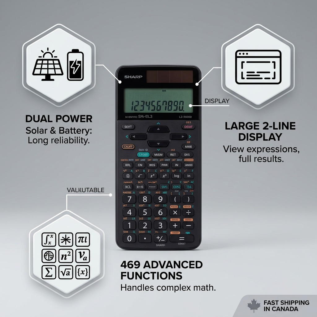 Feature graphic for Sharp EL546XTBSL calculator highlighting dual power, 2-line display, 469 functions.