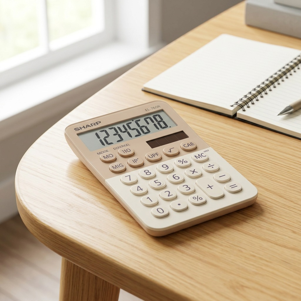 A lifestyle shot shows the latte-and-white Sharp EL760RBLA calculator on a clean marble desk.
