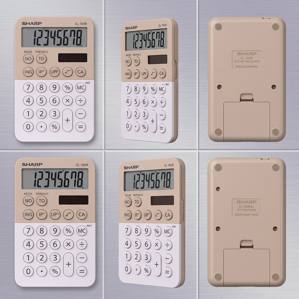 A clear grid matrix shows the Sharp EL760RBLA calculator variant (Latte) from front, side, and rear angles.