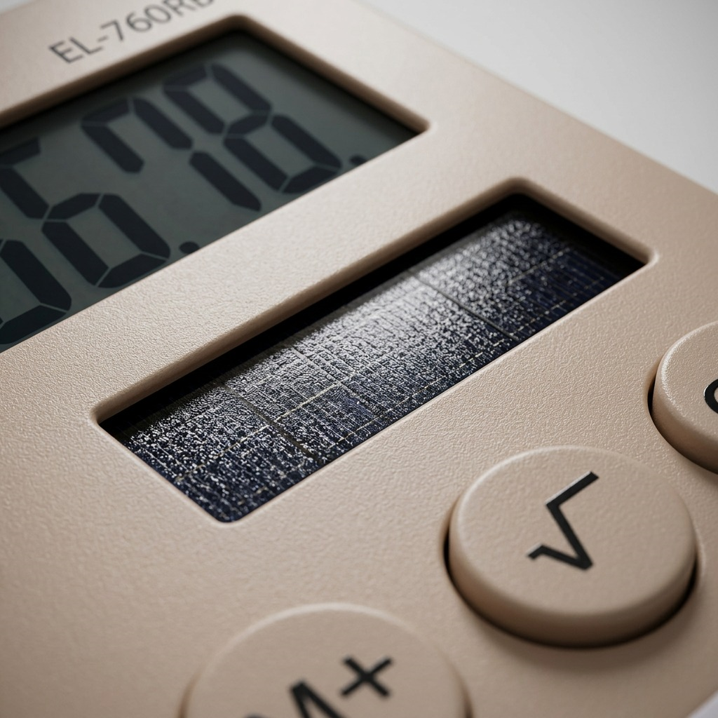 An extreme macro photograph detailing the solar panel and screen of the EL760RBLA calculator.