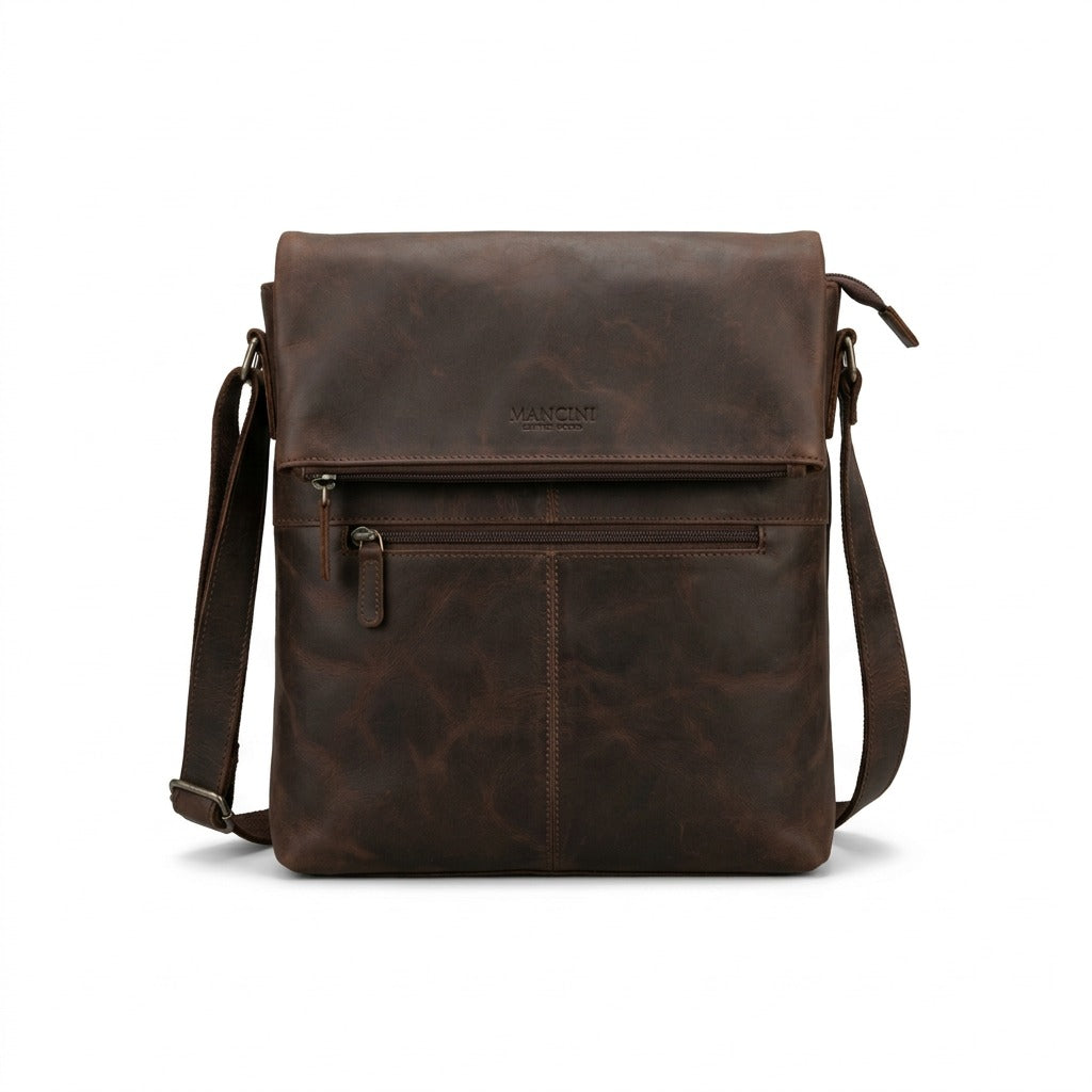 Front view of Mancini brown distressed leather crossover tablet bag (99-5463-BROWN) on white background.