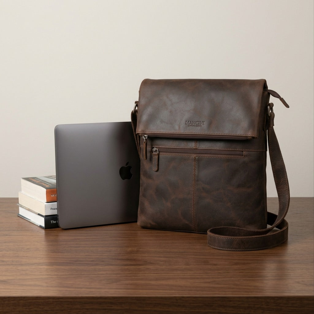 Mancini brown leather crossover bag on a desk next to a stacked books and a closed laptop for scale.