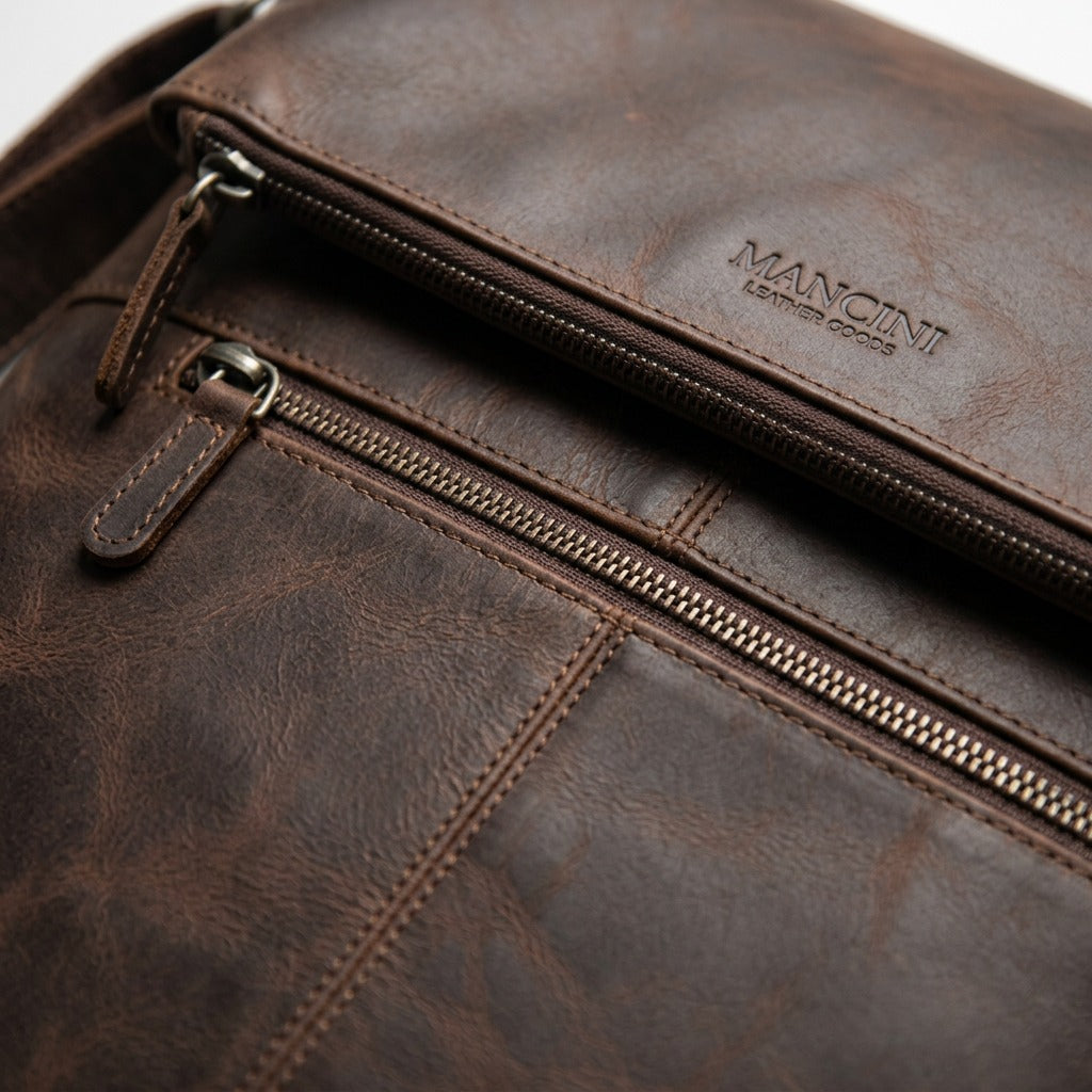 Detailed macro photo showing the rich grain of the brown Mancini Leather Goods tablet bag, highlighting precision stitching, zipper teeth, and the debossed logo.