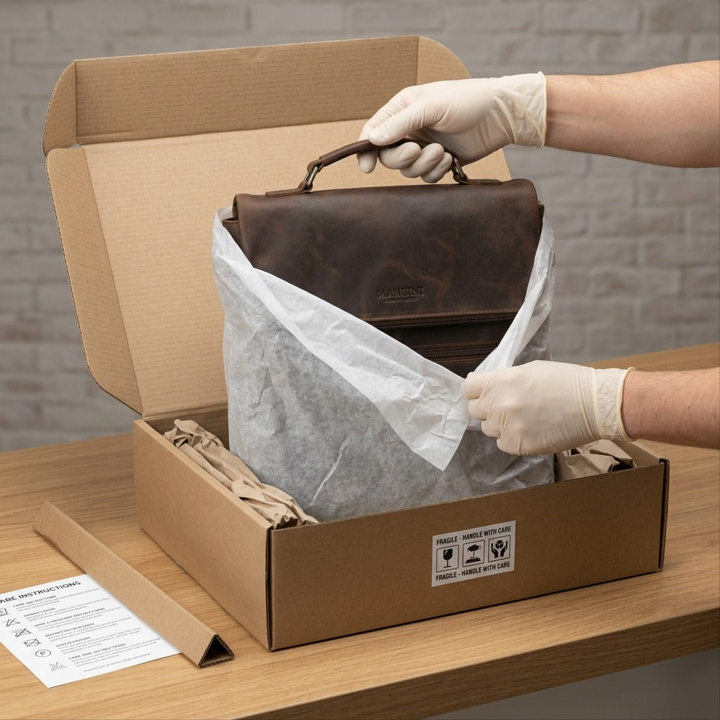 A meticulously boxed classic dark brown leather crossover bag is revealed from protective tissue paper.