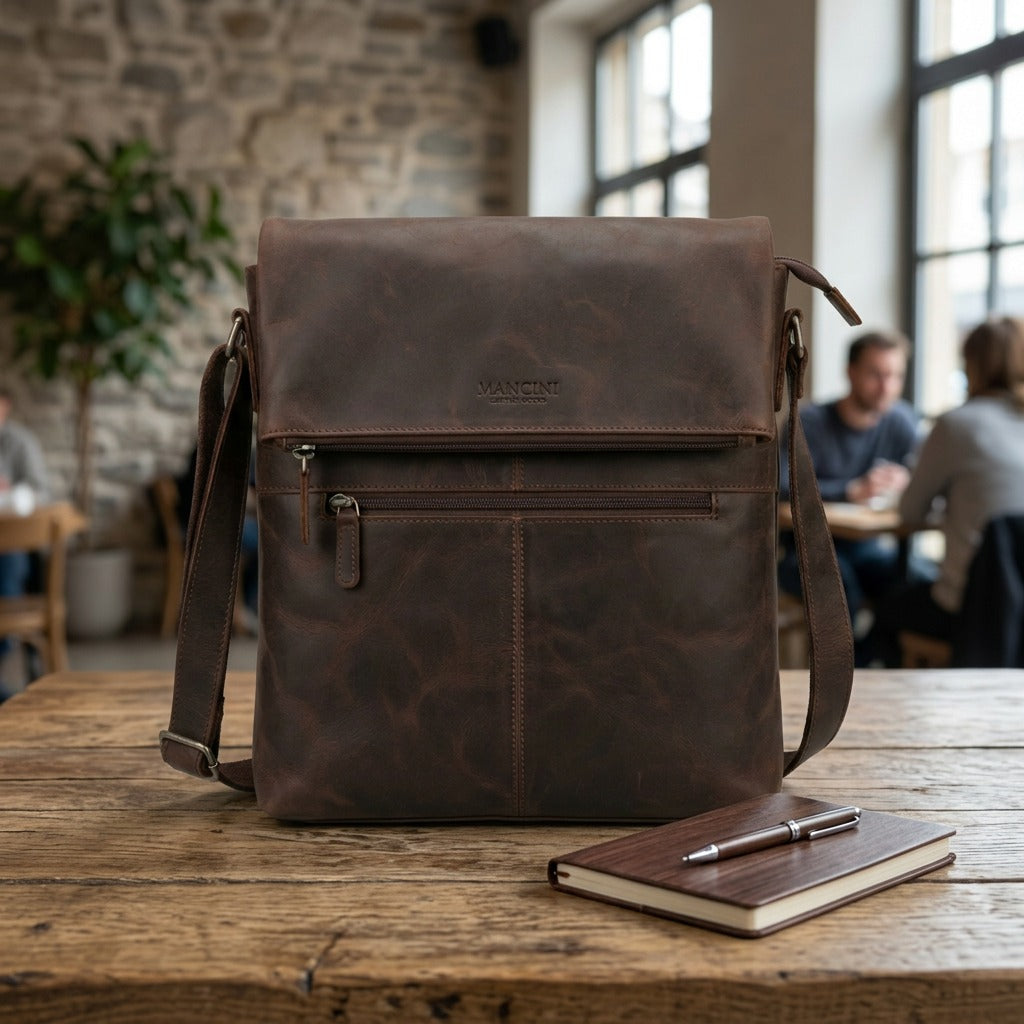 A brown leather Mancini tablet bag rests on a cafe table next to a notebook.