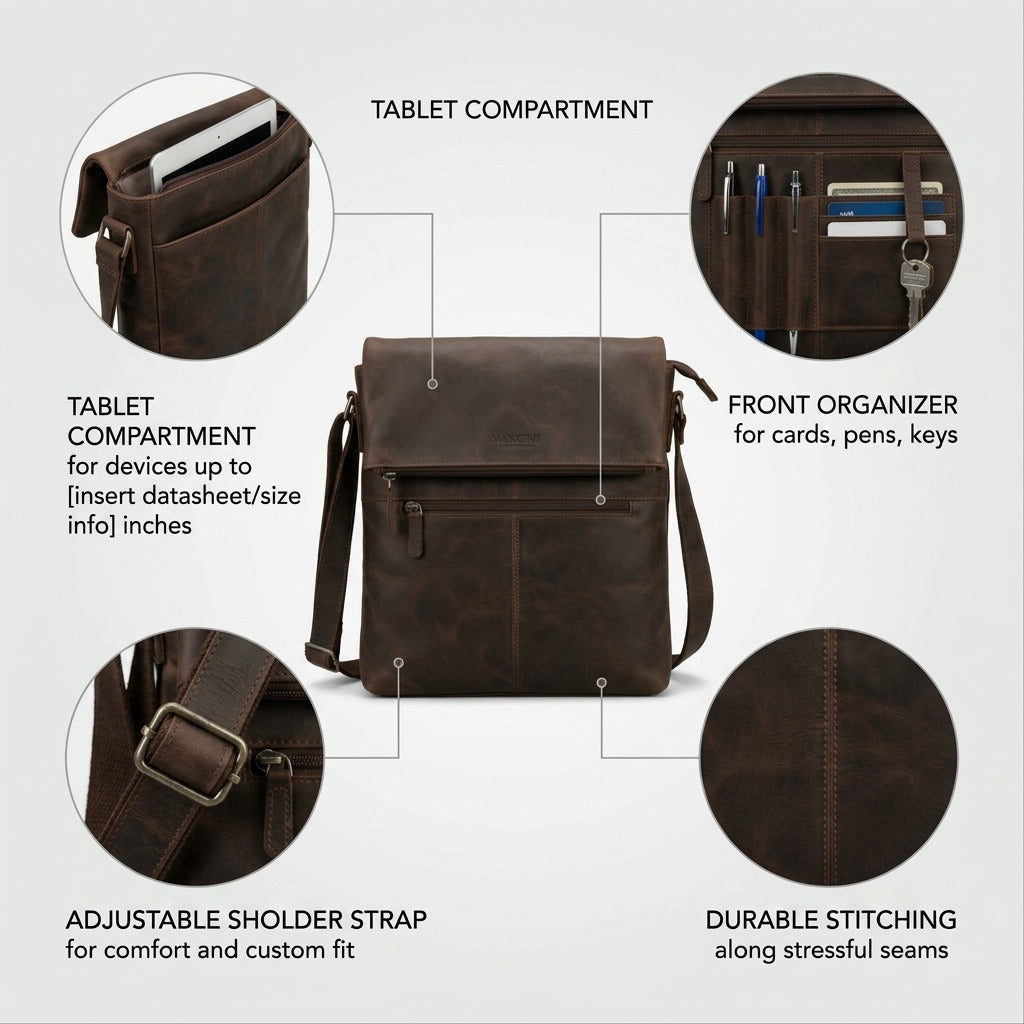 An organized visual matrix of the Mancini compact leather bag, with neat lines and text labels highlighting its main operational features and benefits for customers.