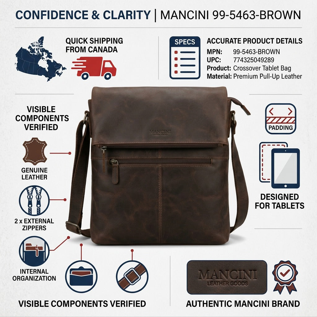 Verifiable specifications for Mancini Leather Goods brown crossover bag with Canadian shipping details.