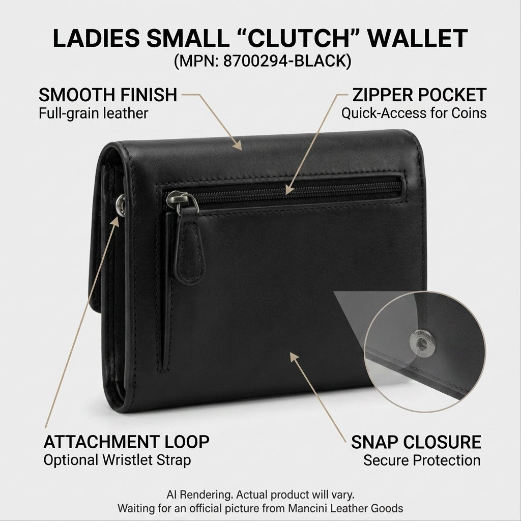 A graphical callout visual of the black Mancini women's leather wallet, highlighting key features.