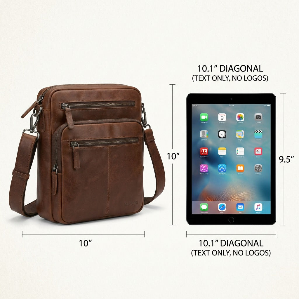 Horizontal side-by-side view with a classic brown leather crossbody bag next to a standard 10.1-inch tablet for scale on a textured desk.