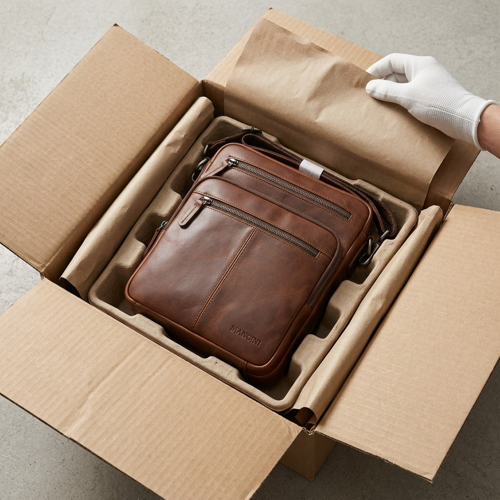 The Mancini brown leather bag is expertly nestled within protective cushioning and a durable shipping box.