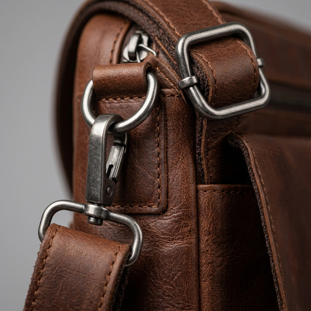 Macro detail shot showcasing the rich texture and stitching of the brown leather bag with gunmetal hardware.