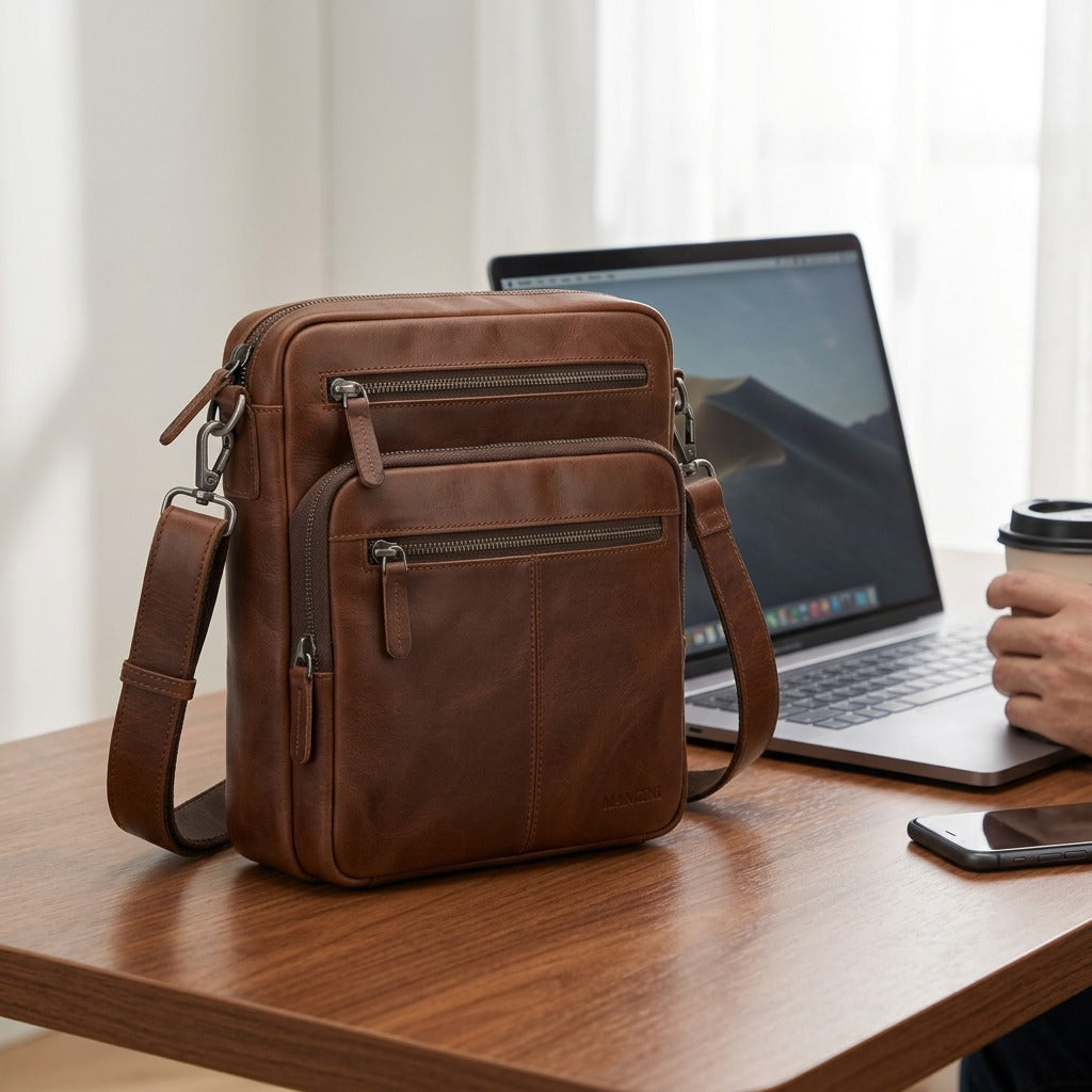 Mancini leather messenger bag on a desk next to a laptop and coffee.