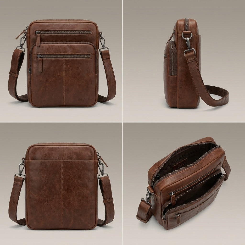 Four-panel visual matrix showing the Mancini leather bag from front, side, back, and top angles.
