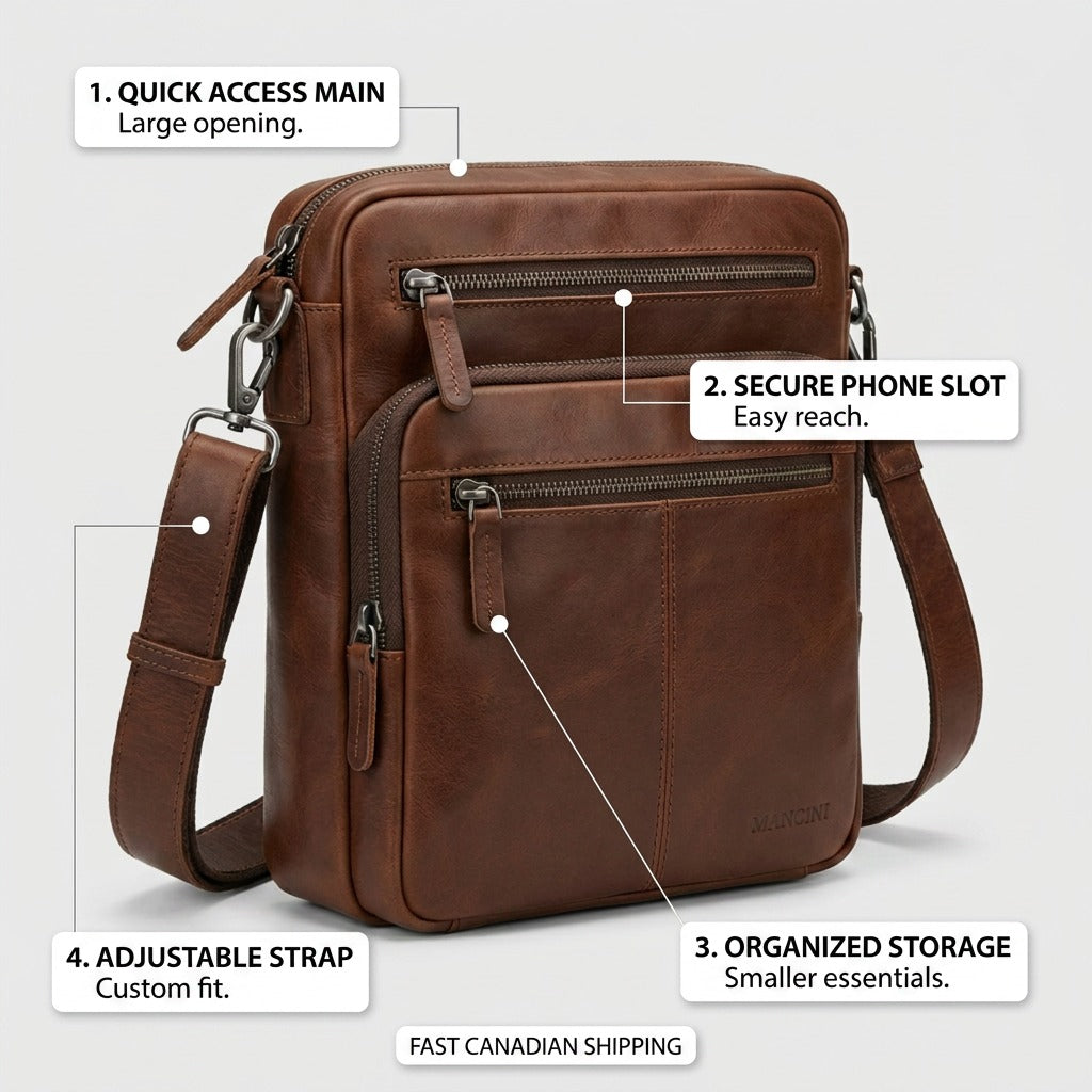 Product feature graphic highlighting quick access, phone slot, storage, and adjustable strap with Canadian shipping context.
