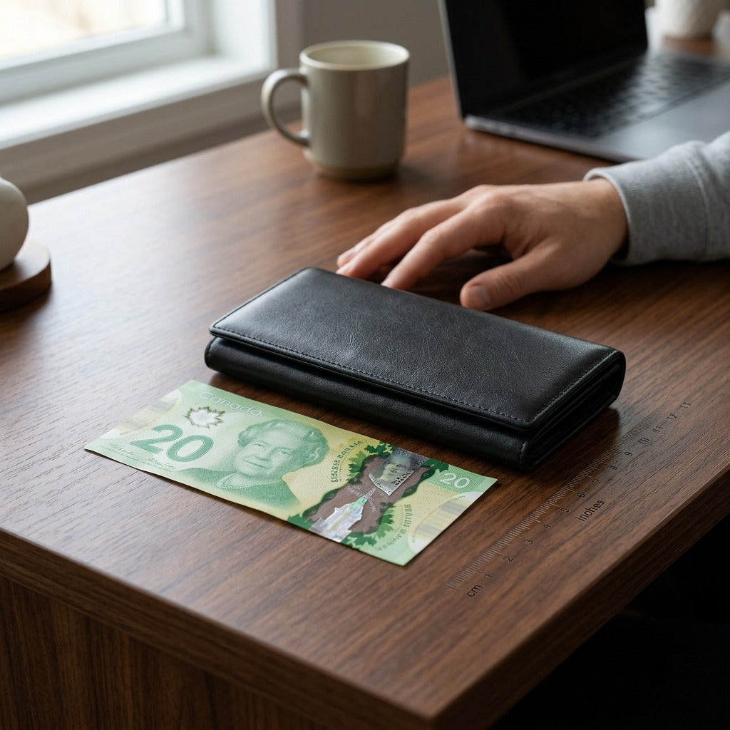 Scale reference photo of the Mancini black leather clutch wallet (image_0.png) next to a realistic Canadian polymer $20 bill, positioned flat on a polished wooden desk, showing their similar lengths for immediate size comparison. Natural daylight.