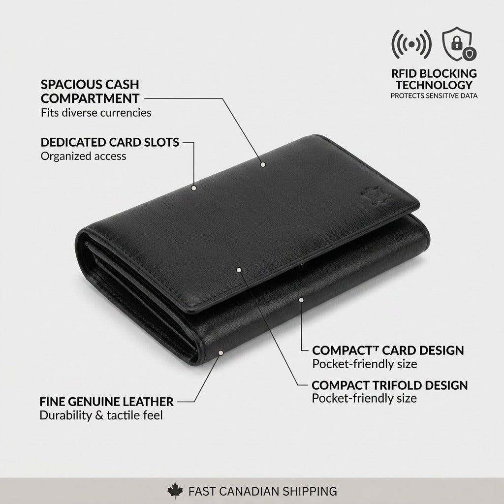 A detailed diagram of a black leather trifold wallet, with operational features highlighted, on a light background.