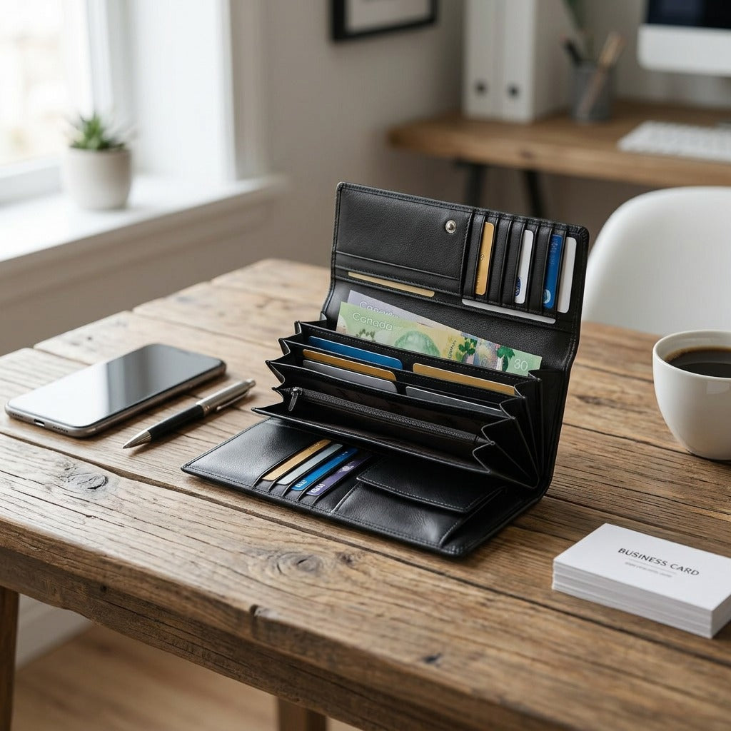 PDP visual matrix lifestyle image showing the Mancini Leather Goods black leather wallet from image_0.png on a wooden desk.