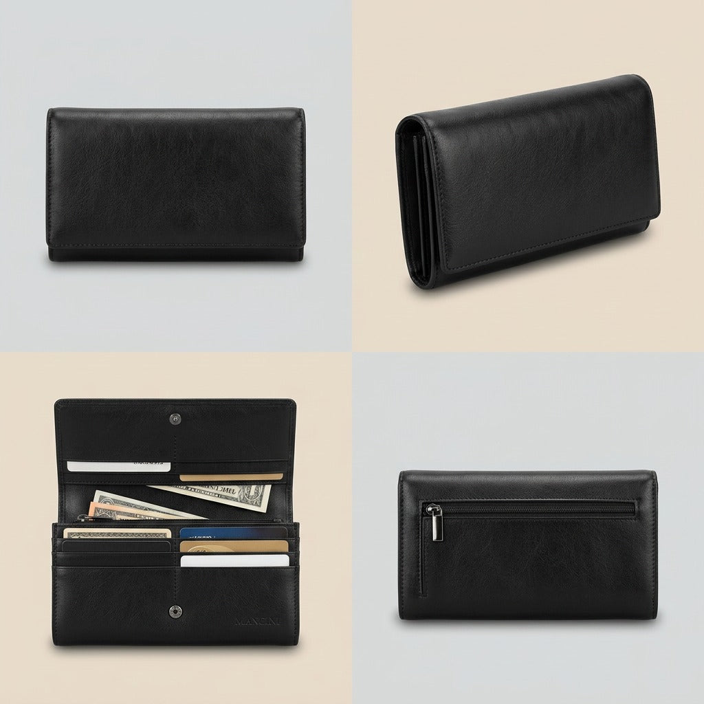 A grid showing multiple useful views of the single black leather clutch purse, preserving its official form.