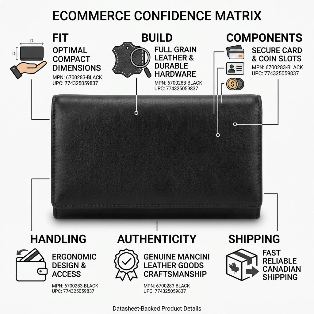 An ecommerce infographic matrix for the Mancini Leather Goods black wallet, highlighting trust and authority with factual icons and short cues about build, shipping, and authenticity.