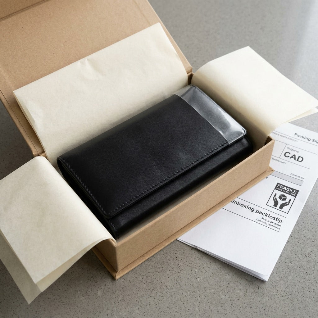 A premium unboxing presentation of the black leather clutch wallet in a protective kit.