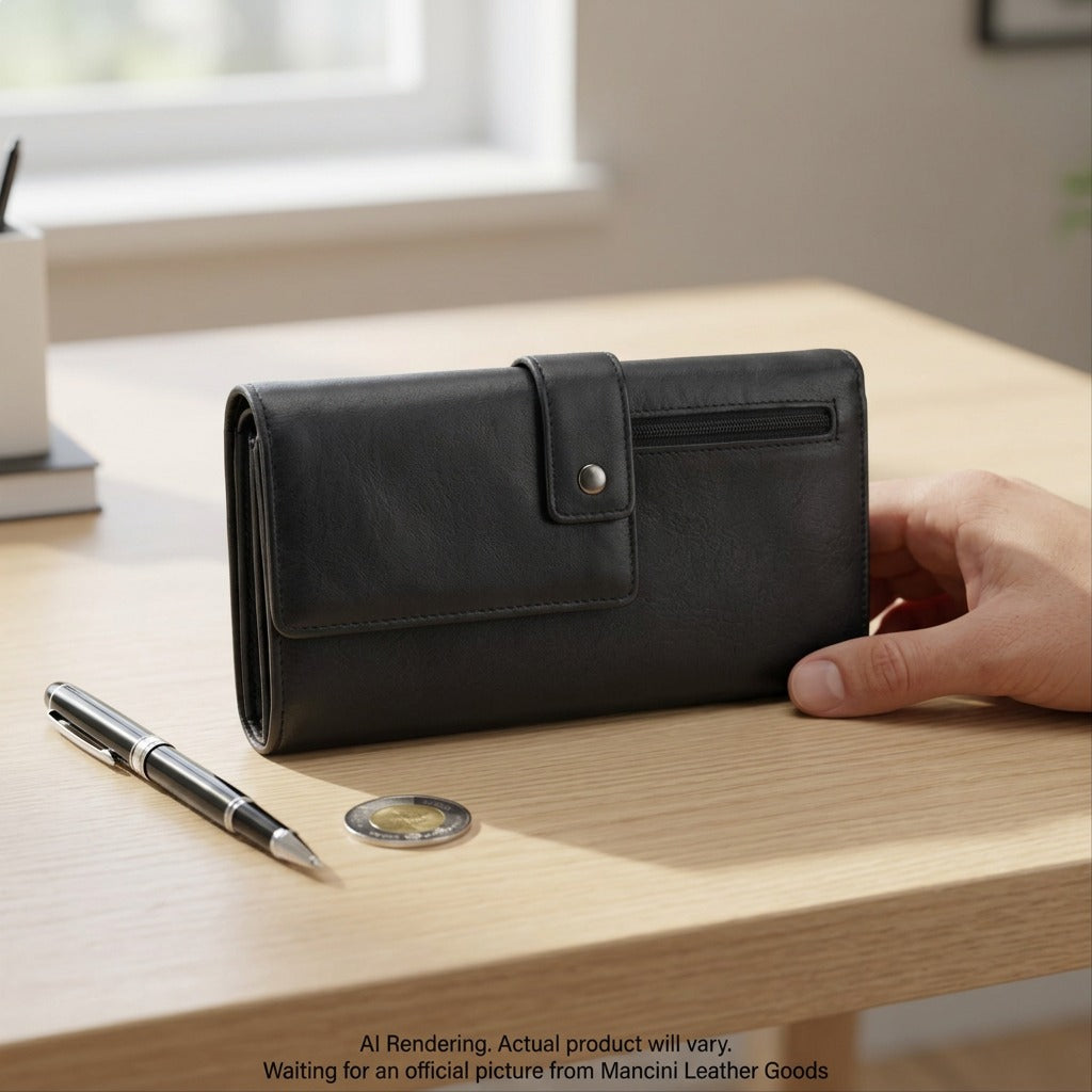 Scale reference photo: black leather Mancini trifold wallet next to standard pen and hand, showing actual size on wood table.