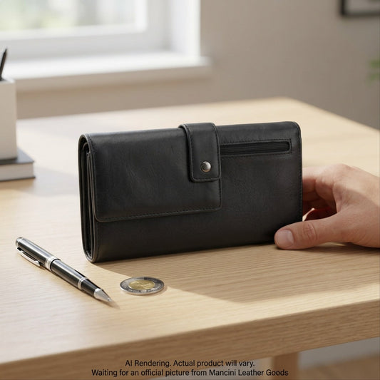 Scale reference photo: black leather Mancini trifold wallet next to standard pen and hand, showing actual size on wood table.