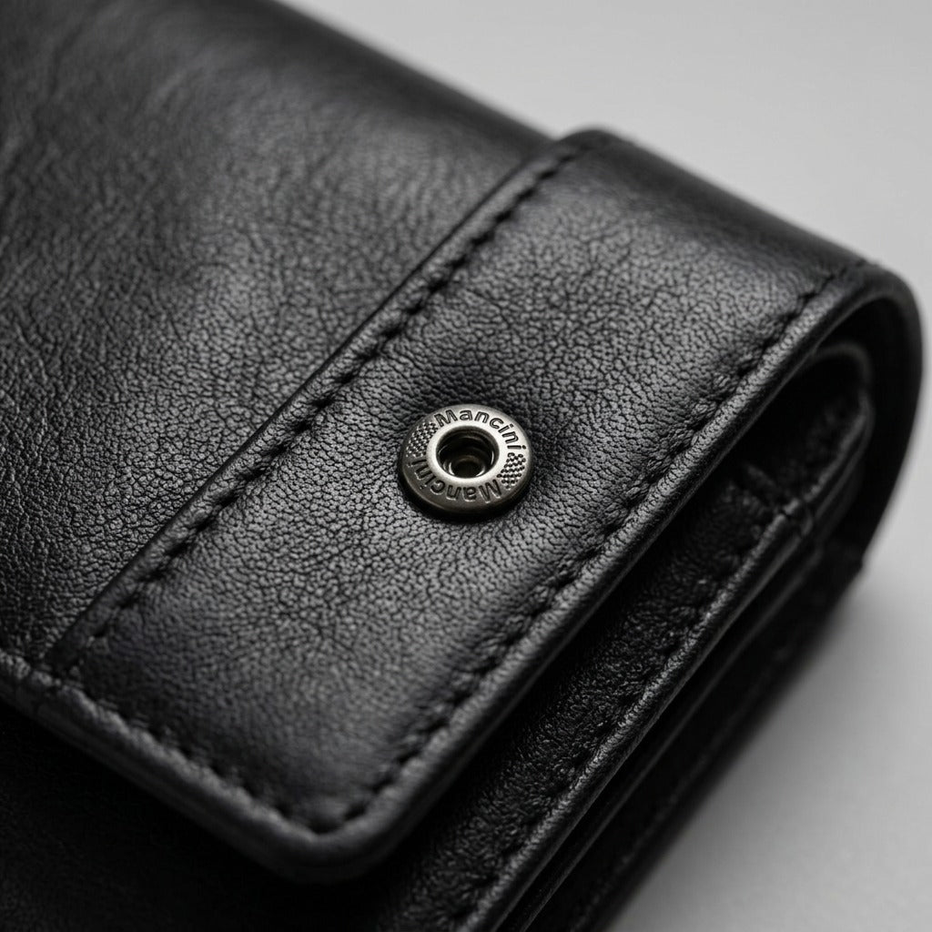 A macro photo focuses on the fine leather grain and precision metal snap button of the wallet.