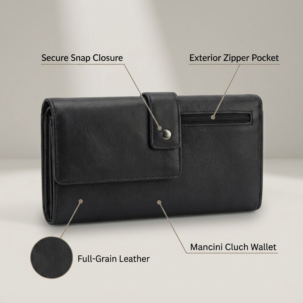 Feature callout graphic: Closed black Mancini wallet. Labels point to 'Secure Snap Closure', 'Exterior Zipper Pocket', and 'Full-Grain Leather' texture inset.