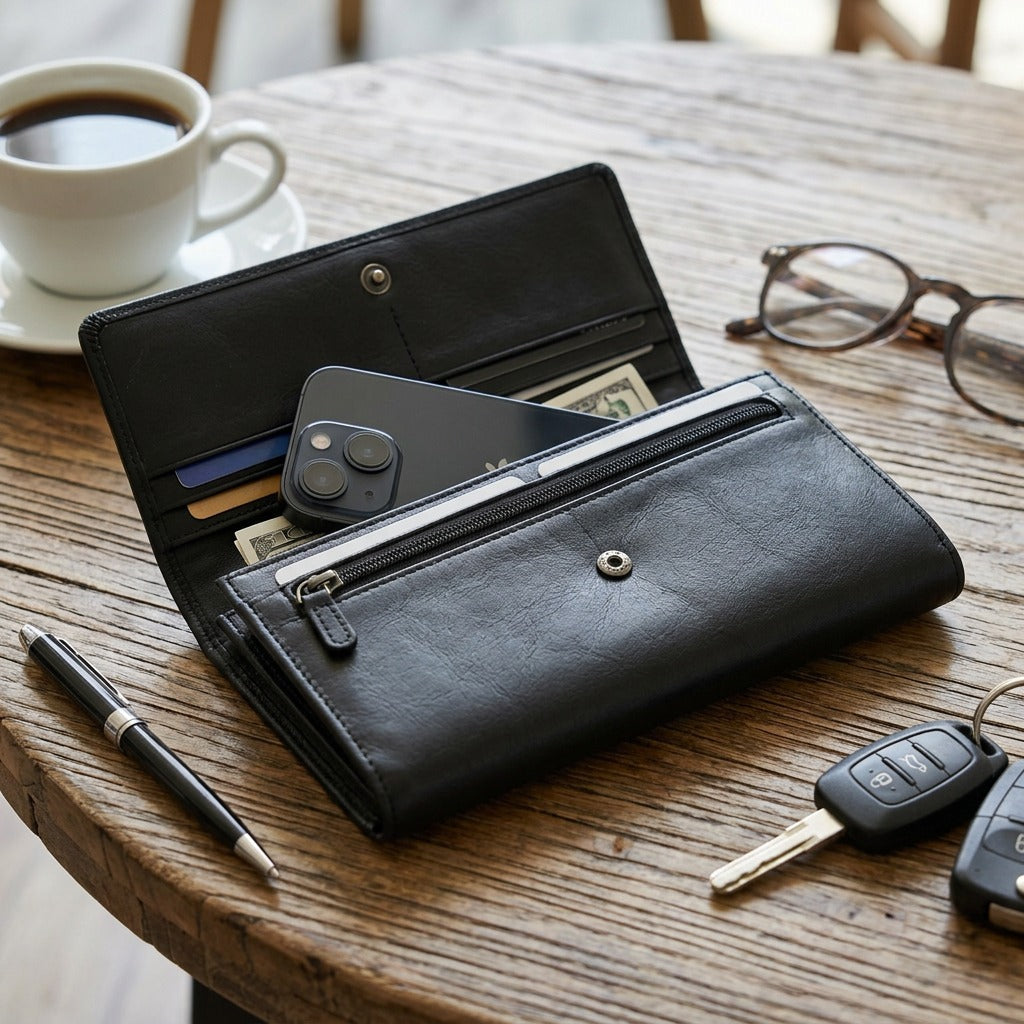 Lifestyle photo of the black leather Mancini clutch wallet placed naturally on a wooden surface with keys and a phone.