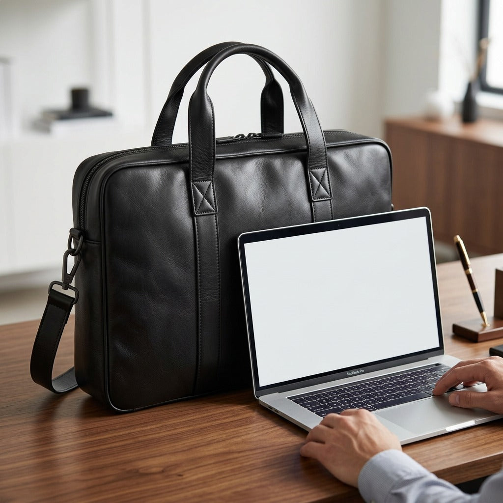Scale comparison: Porthole Briefcase (sku 99-5465-BLACK) and an open 15.6" laptop.