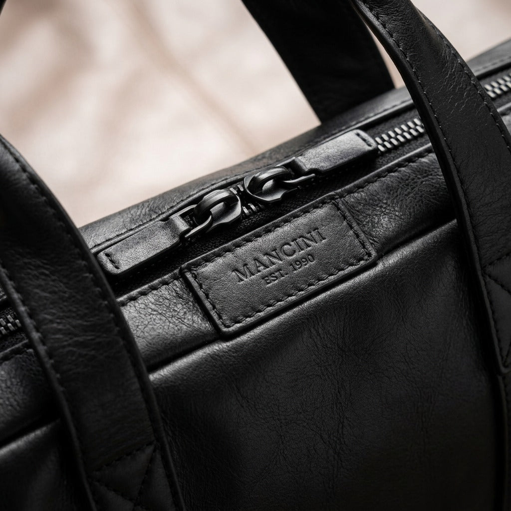 Macro image showcasing the intricate grain, stitching, zipper detail, and debossed Mancini logo.